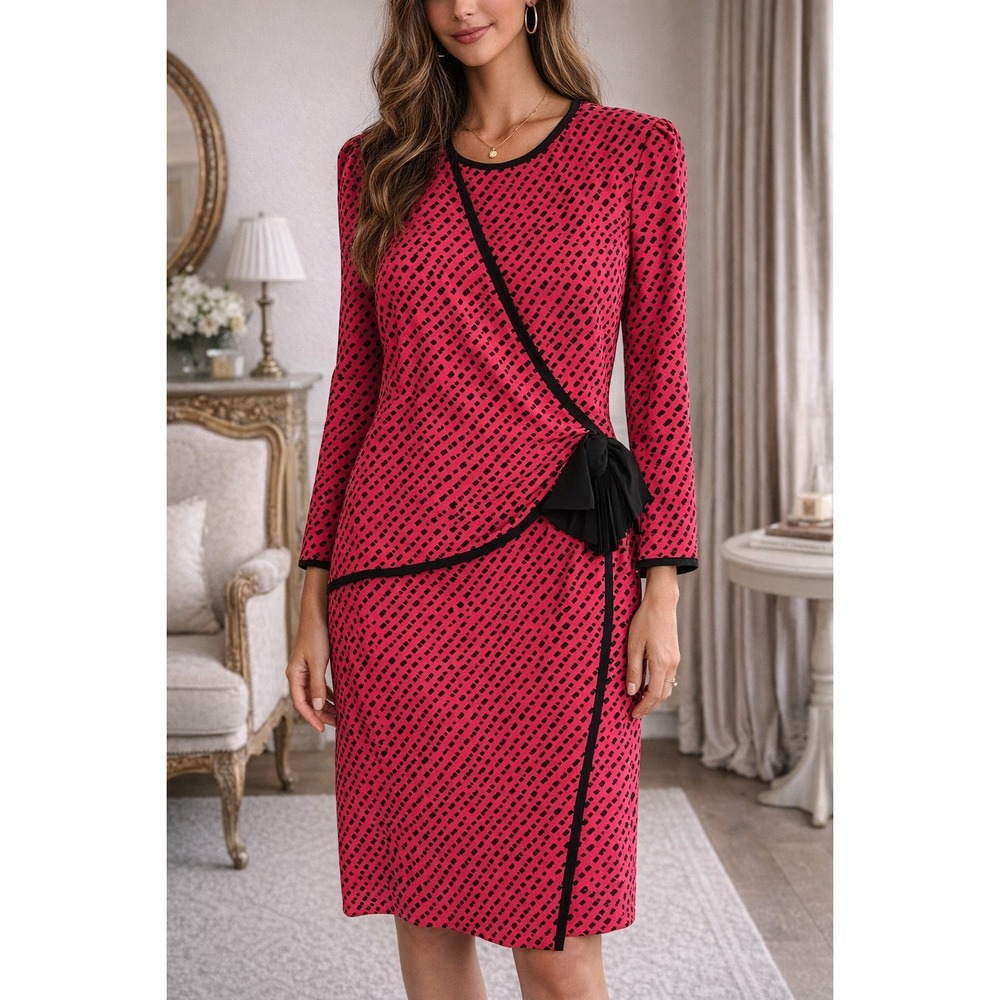 Henry Lee Vintage 80s Red Black Geometric Faux Wrap Dress‎ Rosette Tassel Sz 12